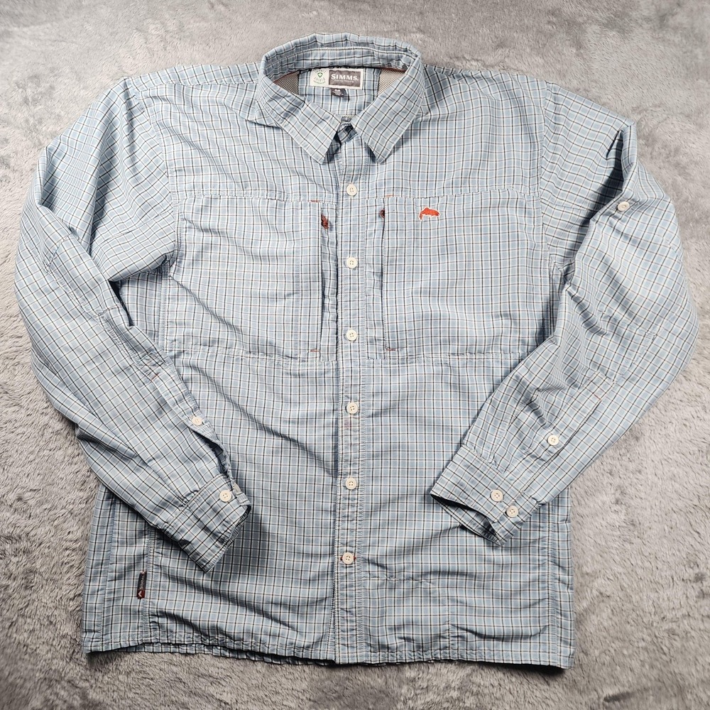 Simms Shirt Mens Medium‎ Blue Plaid Long Sleeve Insect Shield Fishing Outdoor